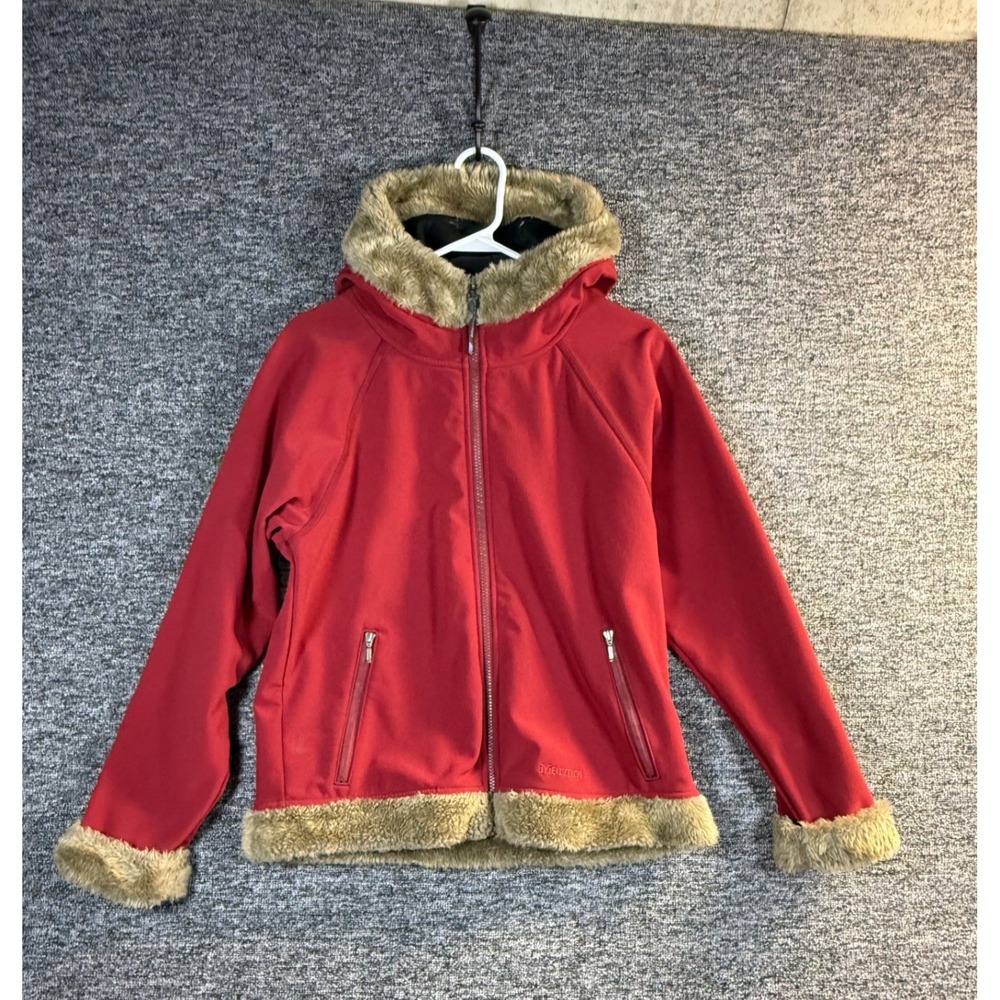 Marmot Red Softshell Faux Fur Trim Hooded Jacket Womens Large Full Zip Fleece